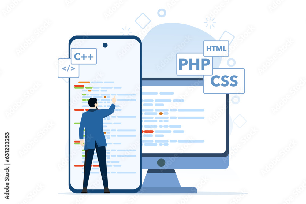 Poster app development concept, people in various web and app design and development activities, social med
