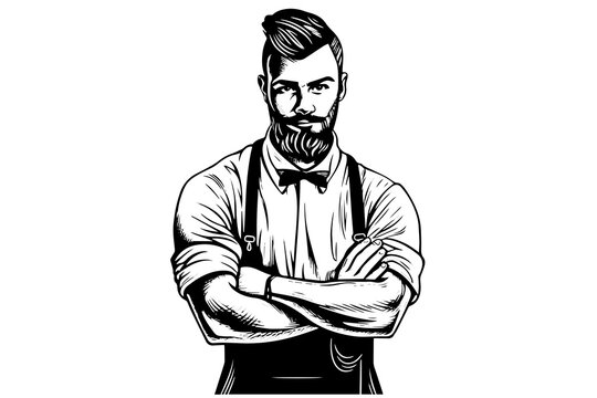 Hand drawn portrait of bearded man with crossed arms. Hipster ink sketch. Logotype vector illustration.
