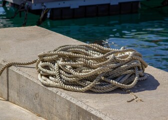 Fototapeta premium Coiled rope lies on a block near a tranquil lake under the sun