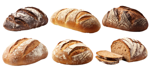 Verschiedene deutsch Brote, Bauernbrot, Vollkornbrot, Schwarzbrot, freigestellt, isoliert, png, generative KI