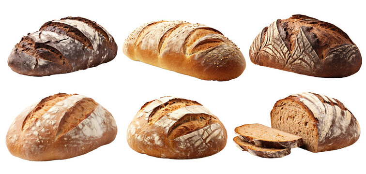 Verschiedene deutsch Brote, Bauernbrot, Vollkornbrot, Schwarzbrot, freigestellt, isoliert, png, generative KI