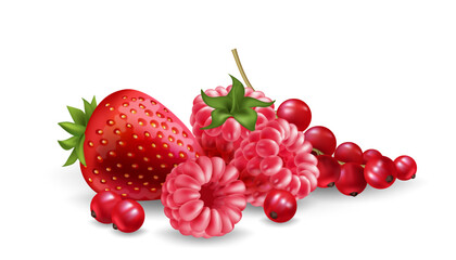 A vibrant heap of red berries raspberry, strawberry, and redcurrant. Fresh, juicy, and realistic fruit illustration for food juice, dessert, jelly, candy, ice cream and graphic design projects. ©  Tati. Dsgn