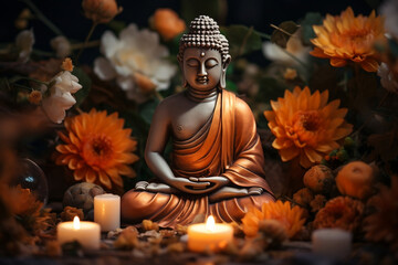 Zen Serenity, Small Buddha Statue in Meditative Posture Surrounded by Candles and Flowers