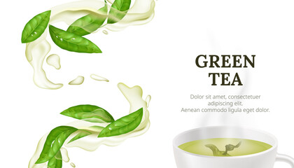 Naklejka na ściany i meble Vector illustration of a hot cup of green tea with a fresh leaf. Healthy and aromatic beverage concept with natural and organic elements on a white background. Liquid splashing water flow.