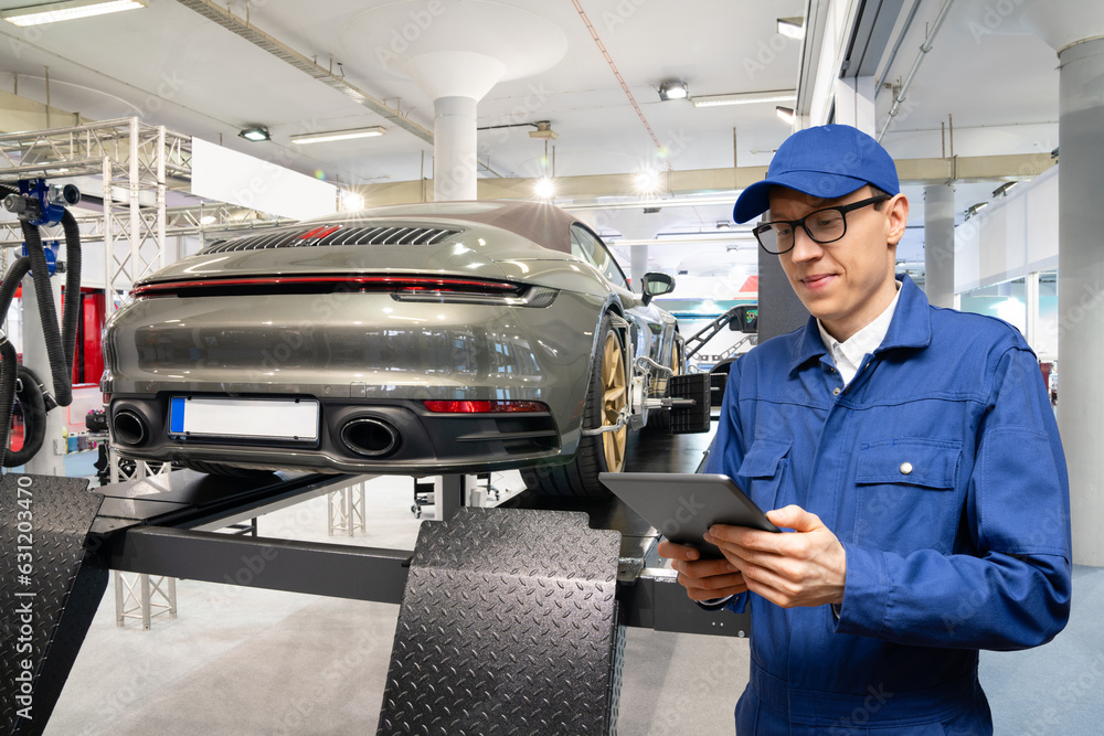 Poster serviceman with digital tablet on the background of the car in the car service.
