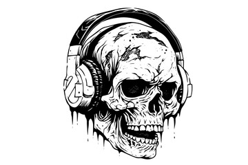 Zombie head on headphones ink sketch. Walking dead hand drawing vector illustration.