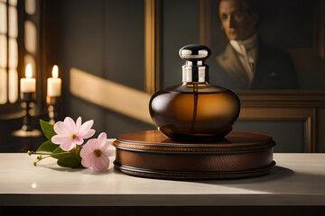 Obraz na płótnie Canvas A closeup vintage perfume bottle on an antique podium, situated in a cozy corner of a luxurious Victorian-era mansion, with dim candlelight and ornate furniture, evoking a feeling of nostalgia and ele