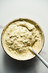 Classic Tartar Sauce dip in the bowl. Mayonnaise with dill and capers plus lemon, shallot onion. Worcester sauce and Dijon Mustard. 