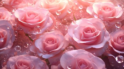  a bunch of pink roses that are in the water droplets.  generative ai