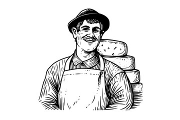 Cheesemaker or seller drawing ink sketch, vintage engraved style vector logotype illustration.
