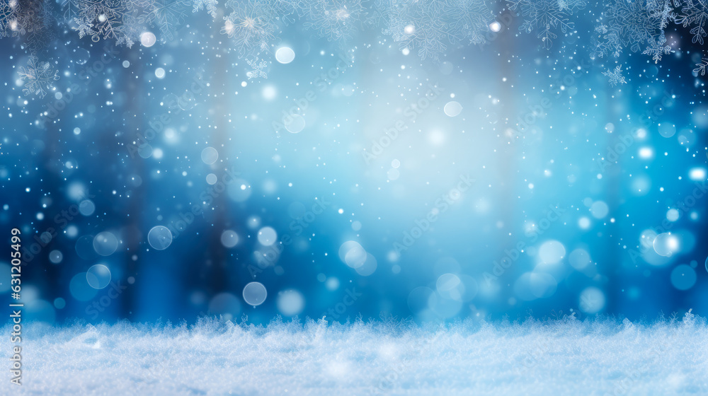 Poster winter background with snowflakes and bokeh lights. generative ai