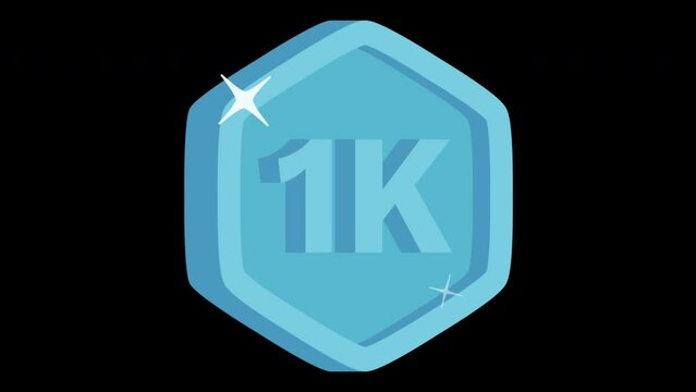 Blue hexagon 1K followers badge alpha channel animation video. 3D one thousand subscribers or views animated label for social and digital media projects. Sparkle motion design effect. 