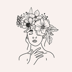 Floral woman face portrait with flowers, leaves bouquets line art sketch. One black line art female head with floral arrangement. Vector illustration in outline simple style