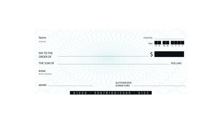 Blank bank cheque. Personal desk check template with empty field to fill.