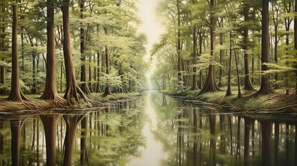  a painting of a river in a forest with trees on both sides.  generative ai
