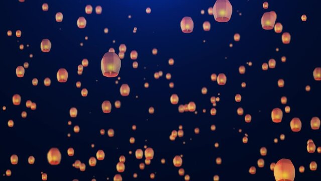 Lantern festival launching during buddhist festival in chinese new year traditional flying sky lantern celebration. For festival invitation, birthday, party celebration, greetings Background. 4K 3D