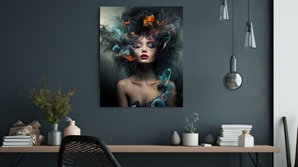 Woman in the interior, mockup for canvas picture