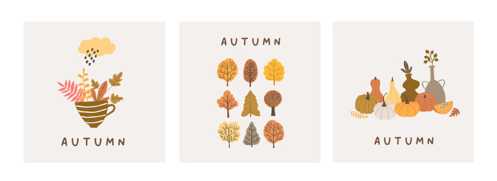 Fall autumn mood greeting card poster template. Welcome autumn pumpkin season thanksgiving invitation. Minimalist postcard september leaves, trees. Vector illustration in flat cartoon style