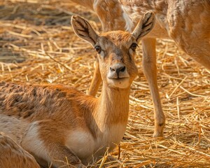 Brown deer looking directly at the camera while laying on a dry field