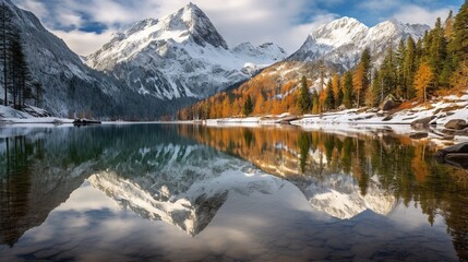 Obraz premium a mountain range is reflected in a lake surrounded by trees. generative ai