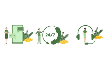 Isolated vector illustration icons set.Online assistant. Virtual technical support service, personal assist and hotline operator communication. Network it client helping customer or technical consult.