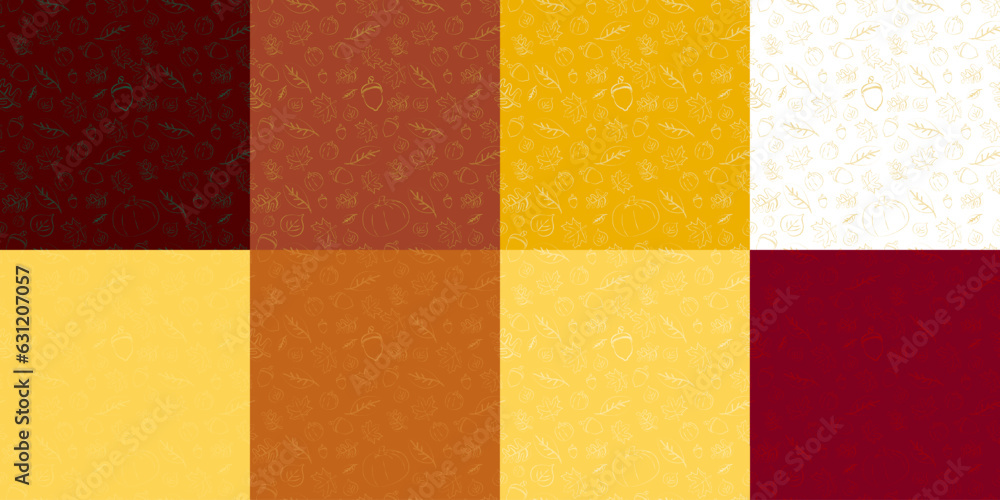 Poster 8 seamless repeating seasonal patterns. set of autumn hand-drawn patterns on assorted fall colors. f