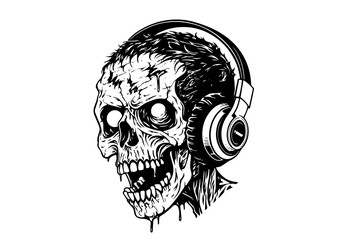 Fototapeta premium Zombie head on headphones ink sketch. Walking dead hand drawing vector illustration.
