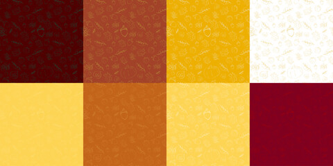 8 seamless repeating seasonal patterns. Set of Autumn hand-drawn patterns on assorted fall colors. Falling leaves, maple leaves, acorn, pumpkin. Fall pattern vector illustration.
