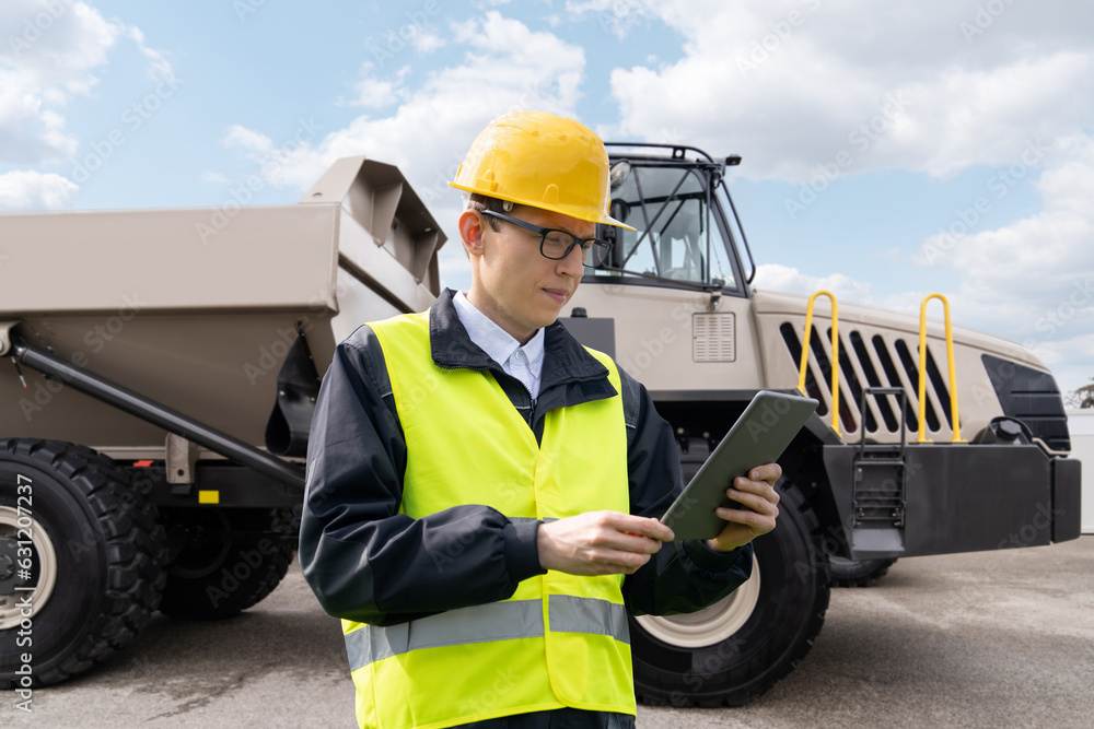 Poster man worker with tablet computer stands next to mining truck.