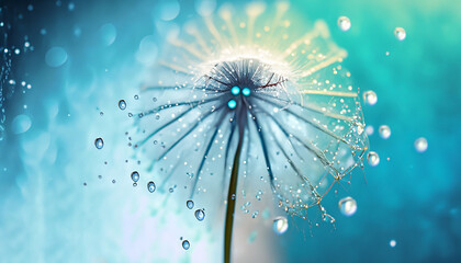 Blue Water drops on dandelion seeds