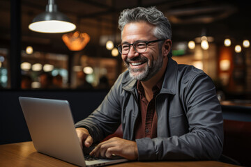 Fototapeta na wymiar Happy man in a jacket working at a laptop, achieving success. Business concept and achieving goals, success. Generative Ai.
