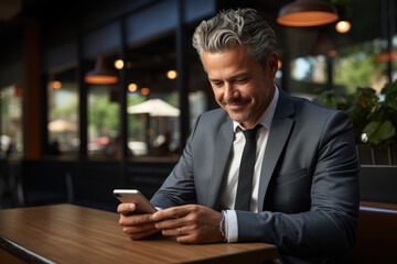 Naklejka na ściany i meble A smiling binesman dressed in a suit browses the phone with a smile. The concept of success in business, having the right relationship with people. Generative Ai.