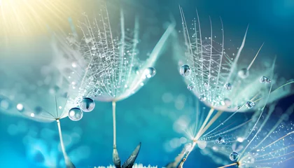Fotobehang Blue Water drops on dandelion seeds © adobeshahin
