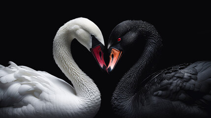 Fototapeta premium White and black swan making a heart shape