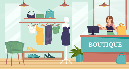 Woman in boutique clothes concept. Young girl with bag at checkout. Fashion, trend and style. Glamour outfits and apparel. Shopping mall, store or market. Cartoon flat vector illustration