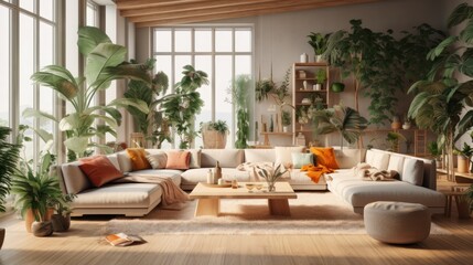 Fototapeta premium Cozy elegant boho style living room interior in natural colors. Comfortable corner couch with cushions, ottoman, many houseplants, wooden coffee table, rug on wooden floor, home decor. 3D rendering.