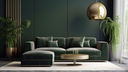 Front view of a modern luxury living room in green colors. Empty wall, comfortable sofa with cushions, ottoman, coffee table, green plants in floor pots, stylish pendant light. Mockup, 3D rendering.