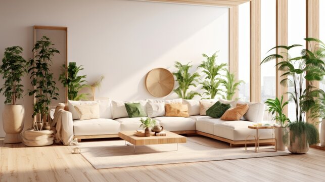 Cozy elegant minimalist living room interior in natural colors. Comfortable corner couch with cushions, many houseplants, wooden coffee table, rug on the floor, home decor. 3D rendering.