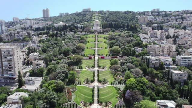 bahai garden temple at haifa drone