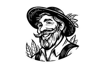 Happy farmer in hat engraving style. Hand drawn ink sketch. Vector logotype illustration. - obrazy, fototapety, plakaty