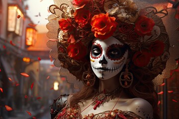 Feast of Dia de los Muertos, attributes and traditions. Banner. With Generative AI technology