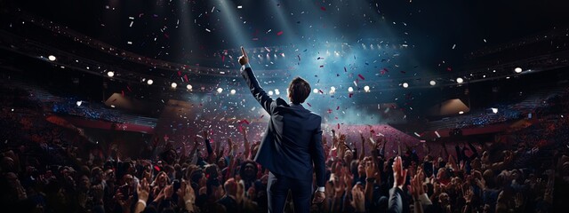 success motivation encourage power support attractive powerful male speaker hand riseup cheering all people in convetion hall to stay strong together with golden glitter confetti paper ,ai generate - obrazy, fototapety, plakaty