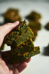 Matcha brownies. Twist on classic brownies recipe made with matcha powder and white chocolate....