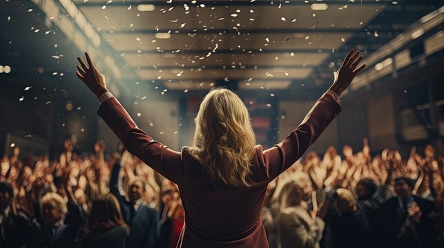 success motivation encourage power support attractive powerful female speaker hand riseup cheering all people in convetion hall to stay strong together with golden glitter confetti paper ,ai generate