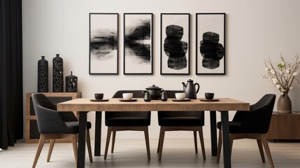 Stylish open space dining room interior in a modern apartment. Wooden table with design chairs, dried flowers in a vase, tableware, home decor, posters on the wall. Mockup, 3D rendering.