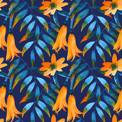 Watercolour blue orange tropical leaves flowers illustration seamless pattern. On dark violet background. Hand painted floral elements.	