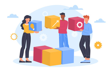 People with joint work concept. Men and women with colorful cubes. Colleagues and partners working on common project. Collaboration and cooperation. Cartoon flat vector illustration