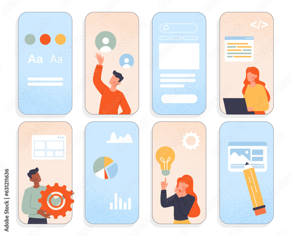 Poster mobile app development set. men and women work on common project, develop program and software. prog