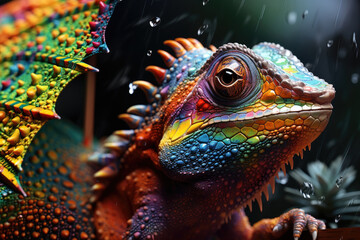 Obraz premium Colorful chameleon under a multi-colored umbrella in rainy weather, close up.