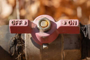 Red valve of old automatic watering close-up. Turn off or turn on water switch. Regulator and...